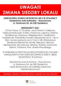 ZMIANA SIEDZIBY LOKALU  OBWODOWEJ KOMISJI WYBORCZEJ NR 2 W OPALENICY